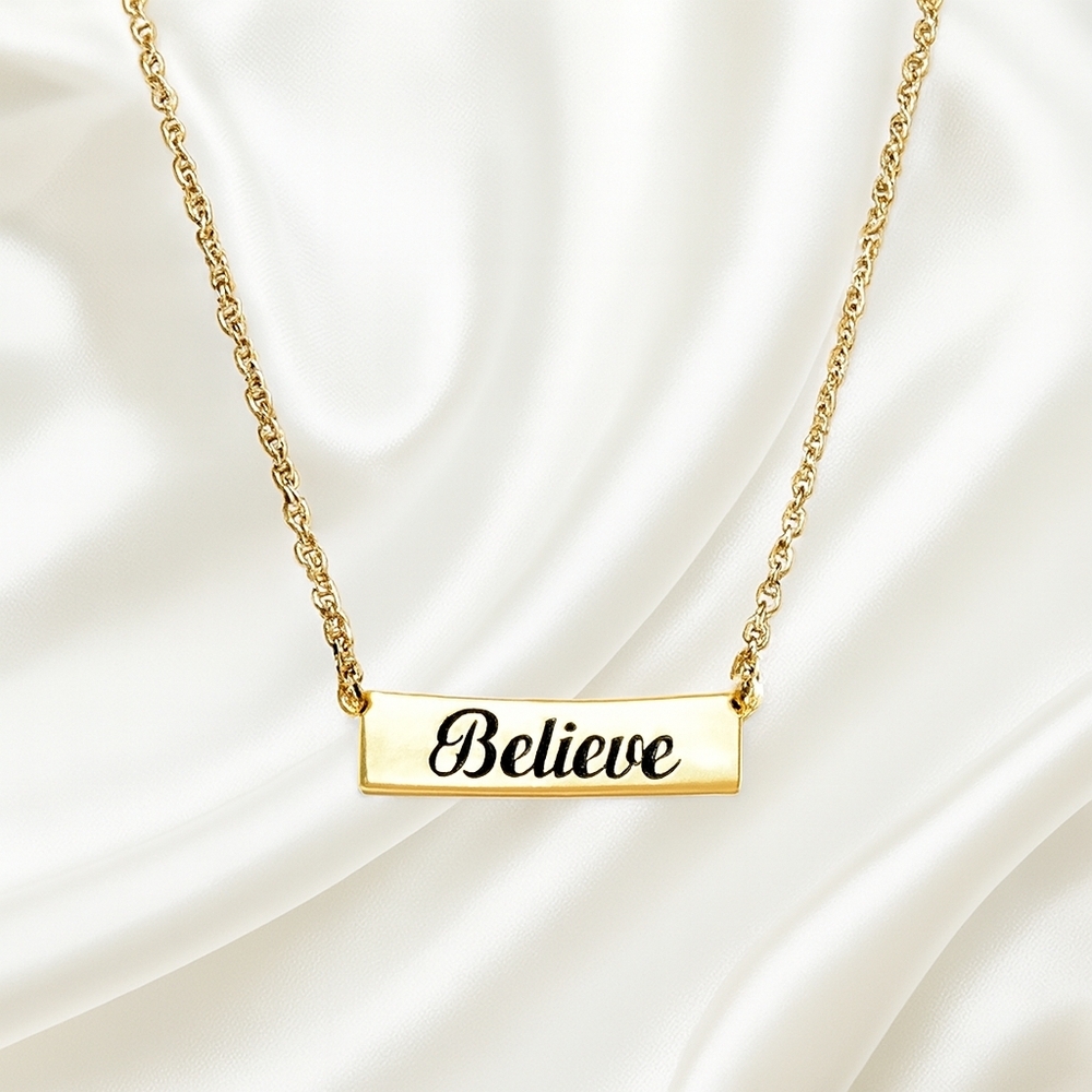 Minimalist Gold “Believe” Bar Necklace – Inspirational Pendant Jewelry for Women